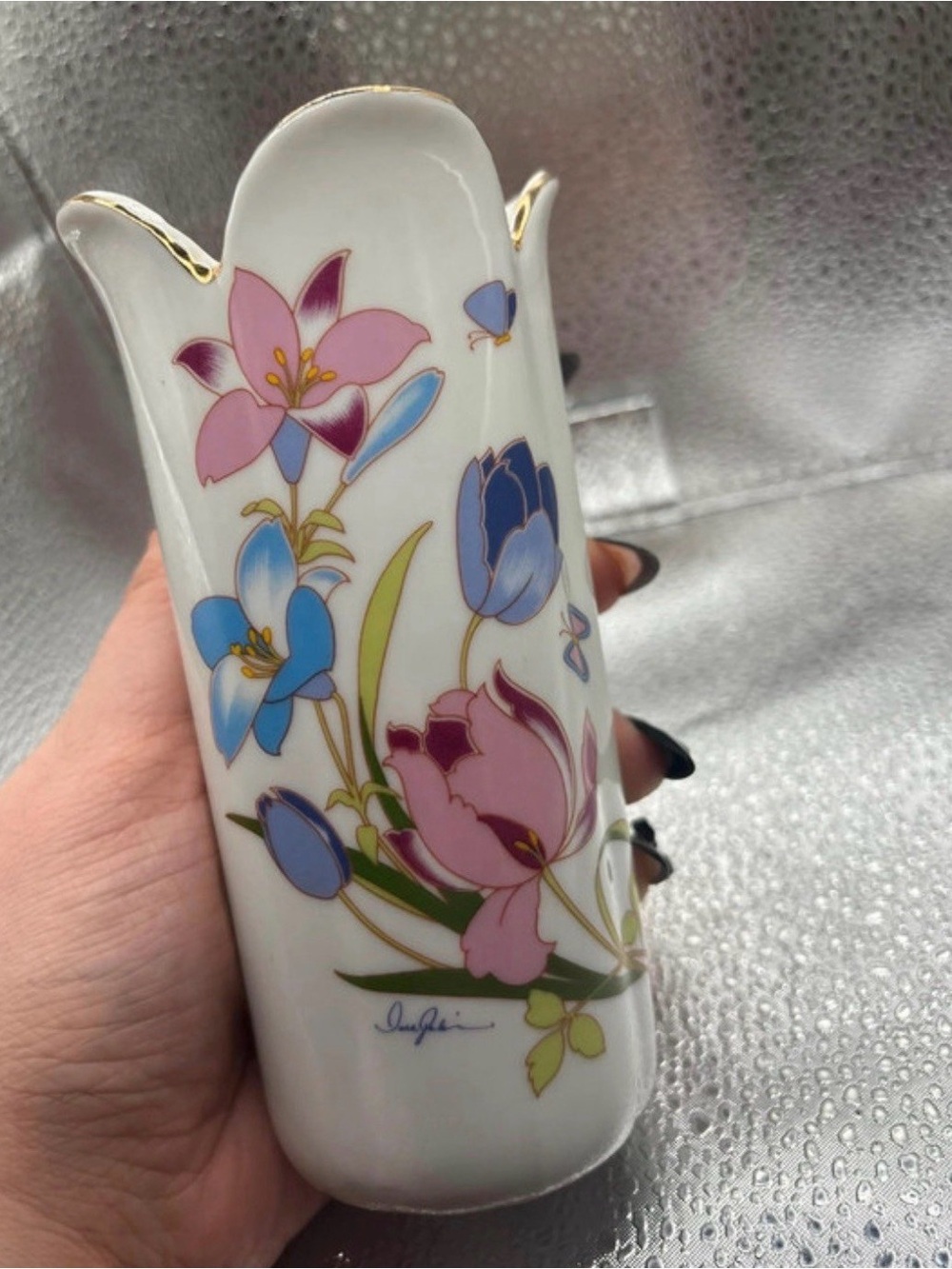 White Porcelain Floral Bud Vase with Pink and Blue Flowers